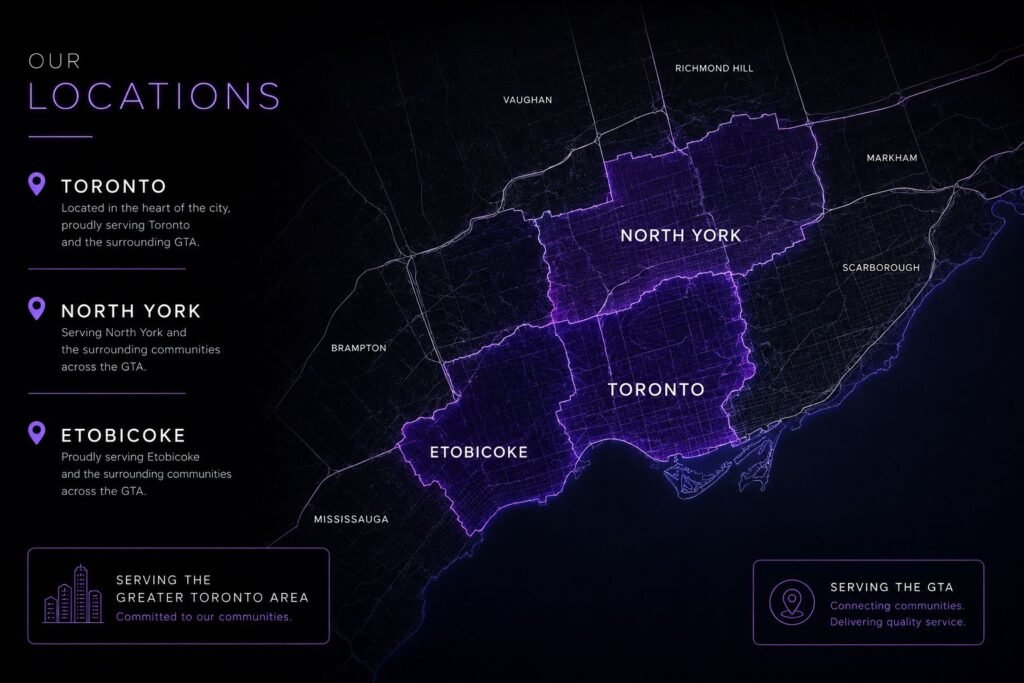 Map showing companion service locations across Toronto, North York, Etobicoke, Mississauga, Vaughan, Richmond Hill, Markham and the Greater Toronto Area