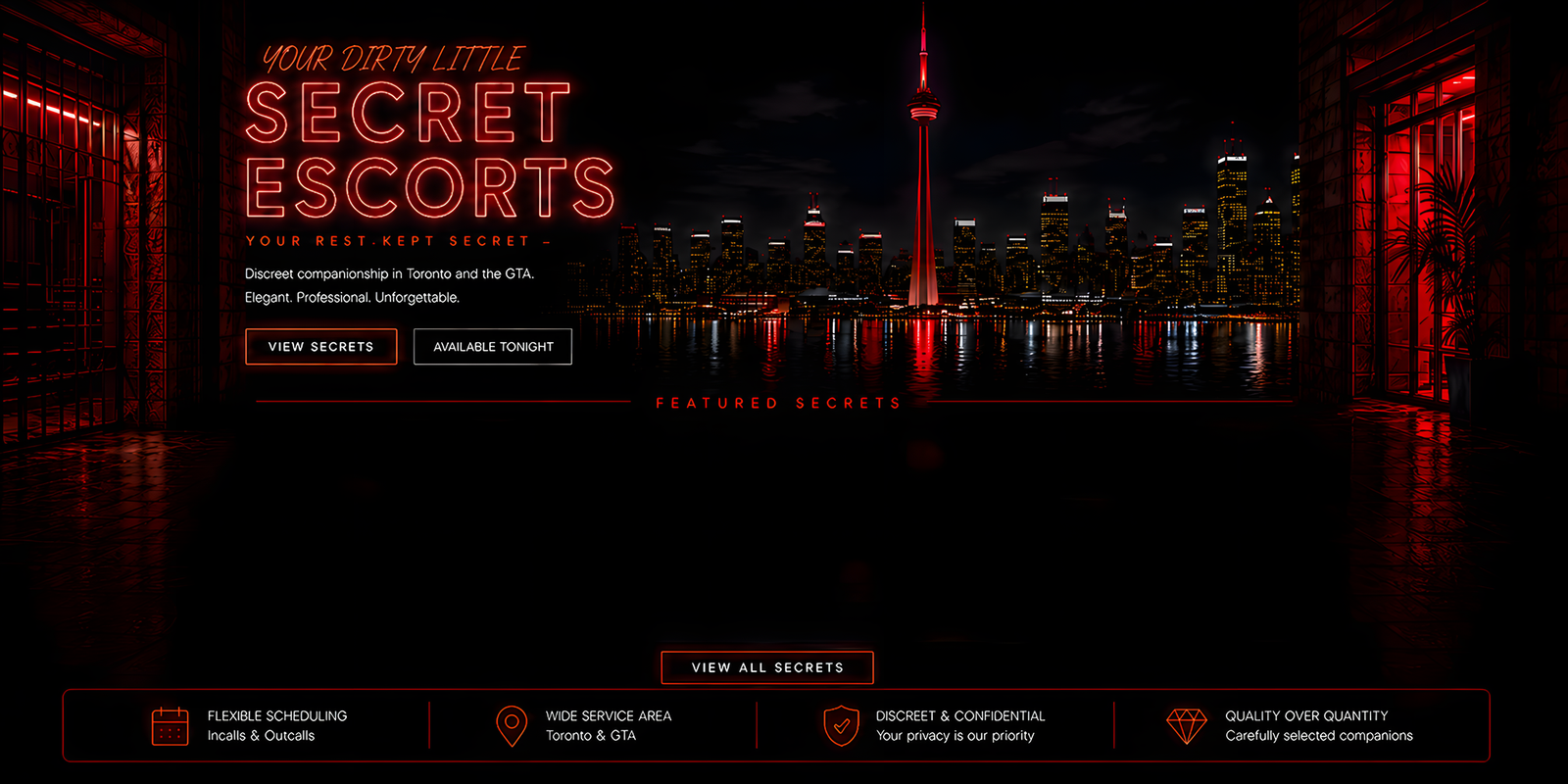 Secret After Dark approved homepage design with the Toronto skyline, Featured Secrets area, and service information.