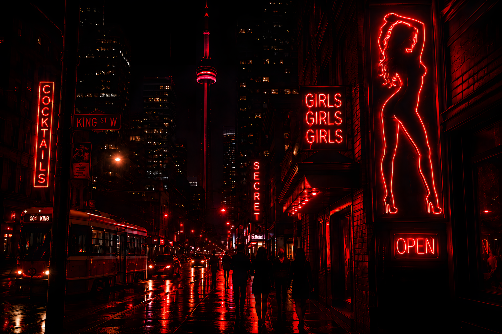 Red-lit Toronto nightlife scene with the CN Tower and downtown streets.