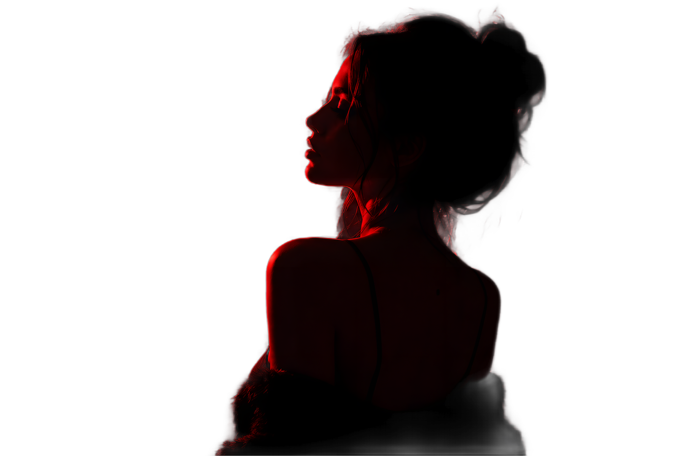 Red-lit editorial portrait of a woman in profile.