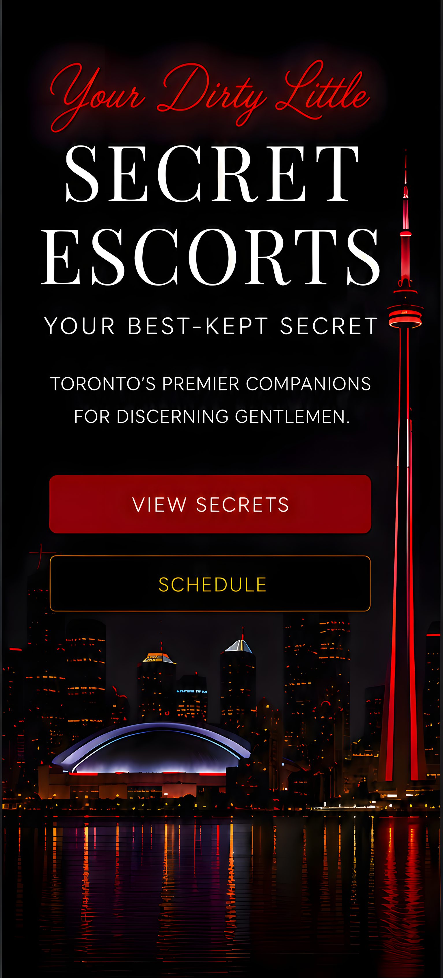 Secret Escorts mobile hero artwork overlooking the Toronto skyline.